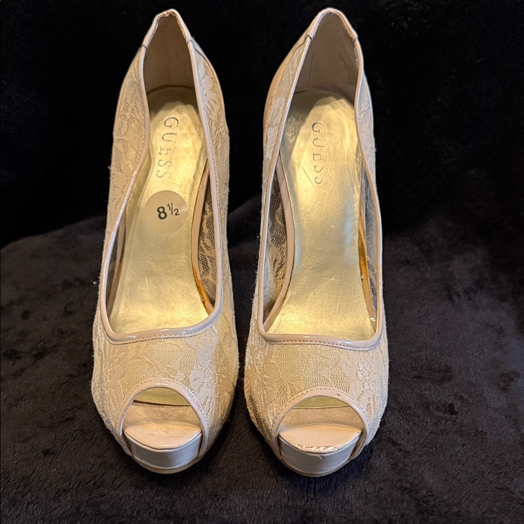 Guess Women's Lace Peep Toe Heels - Cream
